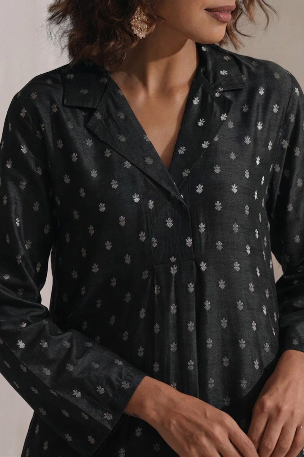 Black Banarasi Viscose Silk Collared Kurta with Pants