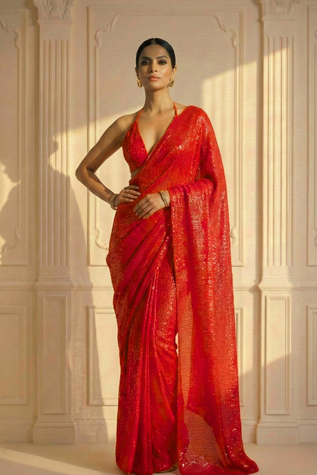 Scarlet Rouge Knitted Sequin Saree with Blouse Fabric