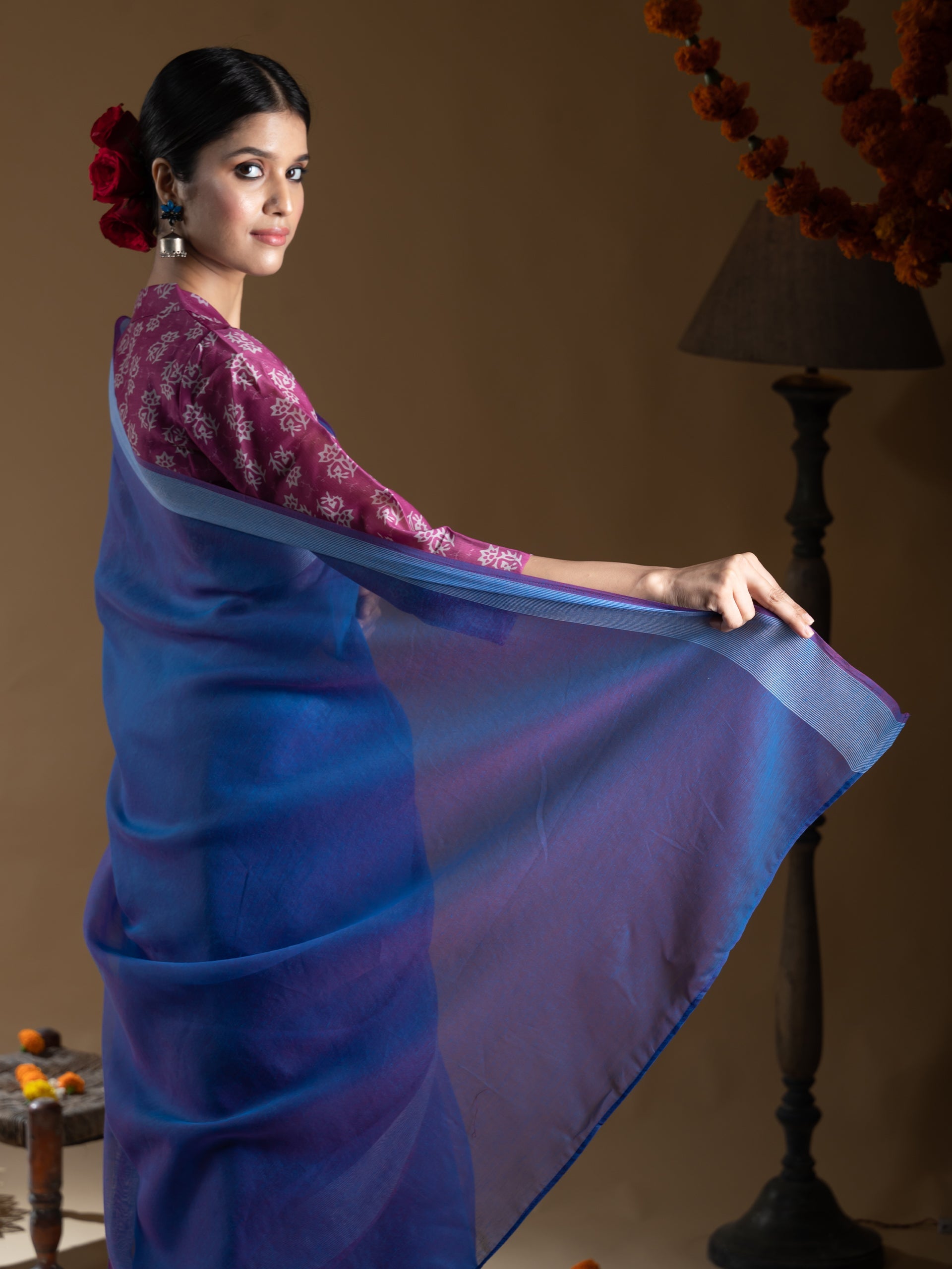 Purple Cotton Blend Saree with White Stripe Border