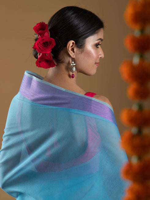 Purple Shine Border Blue Cotton Saree