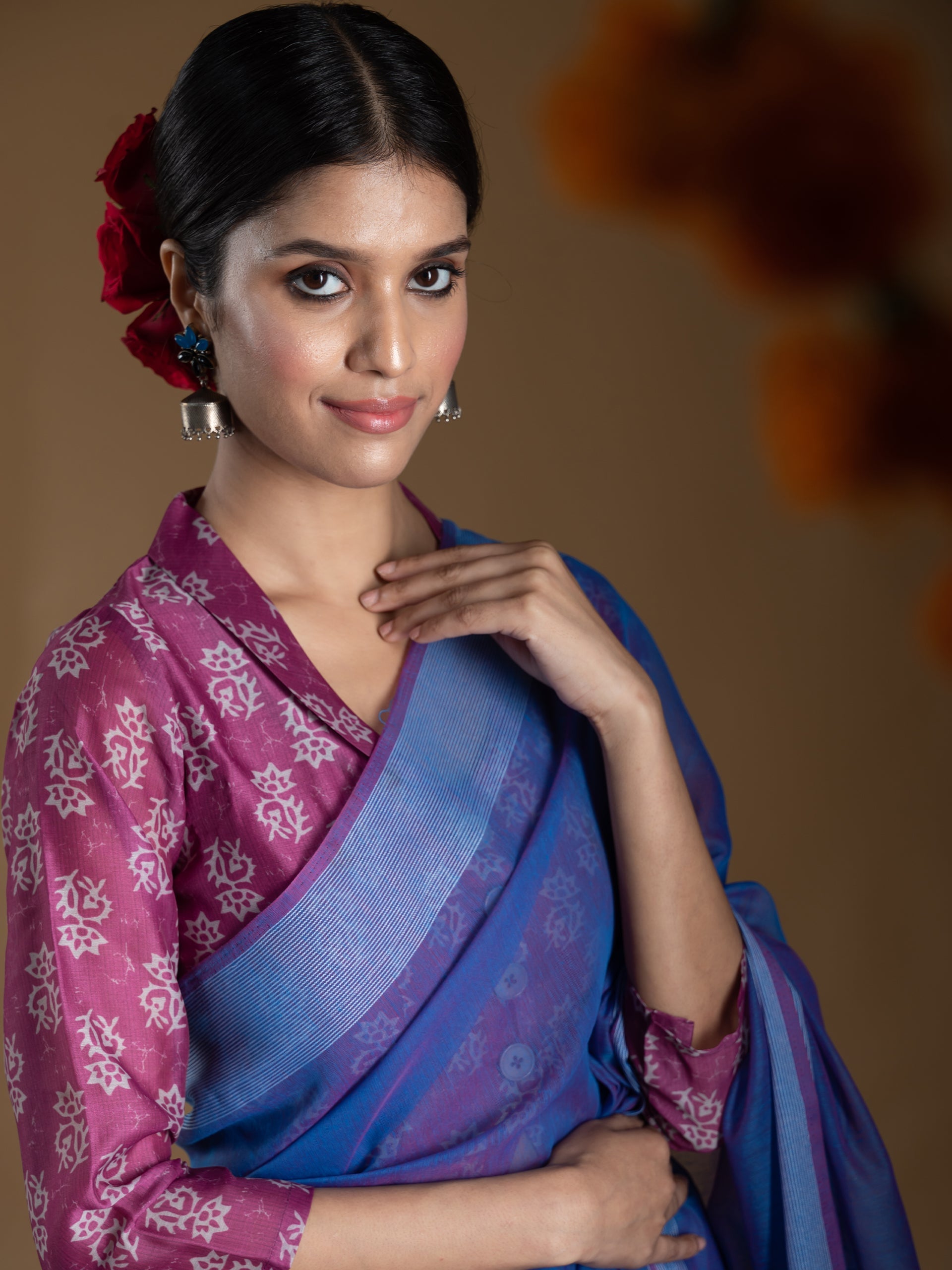 Purple Cotton Blend Saree with White Stripe Border