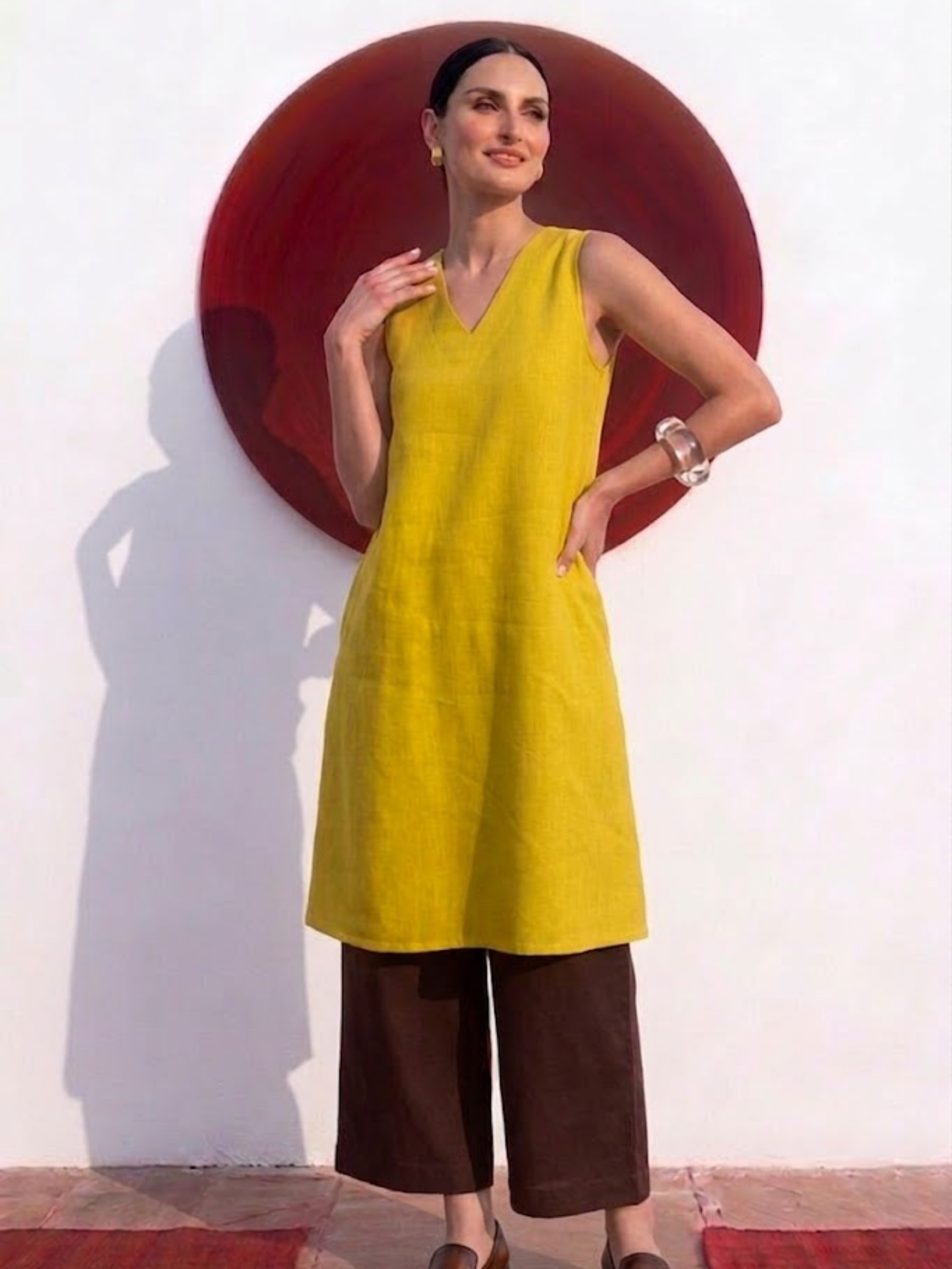 2 pc SET - High Slit Linen Lime Kurta with Brown Pants