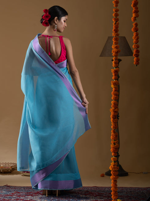 Purple Shine Border Blue Cotton Saree