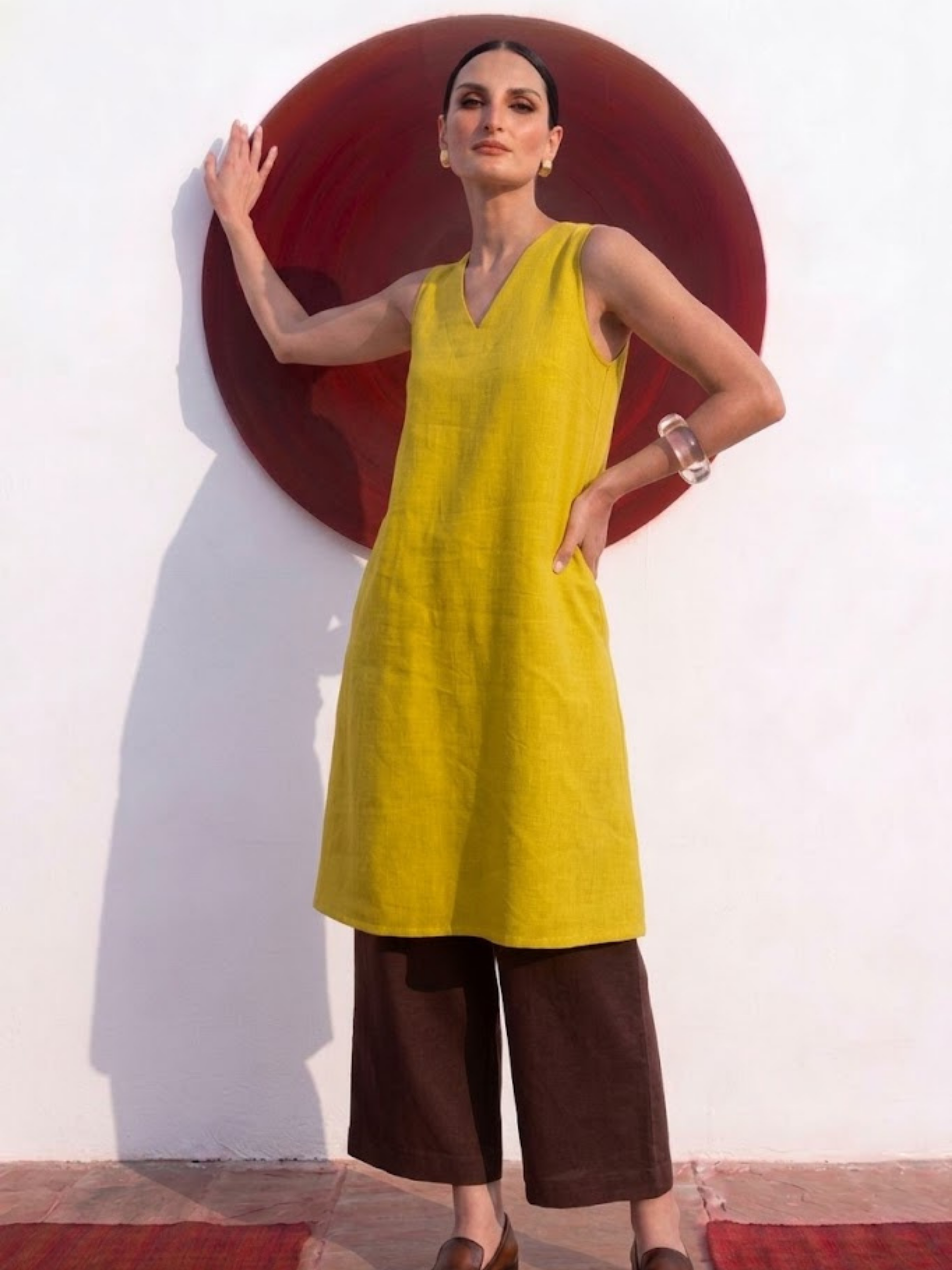 2 pc SET - High Slit Linen Lime Kurta with Brown Pants