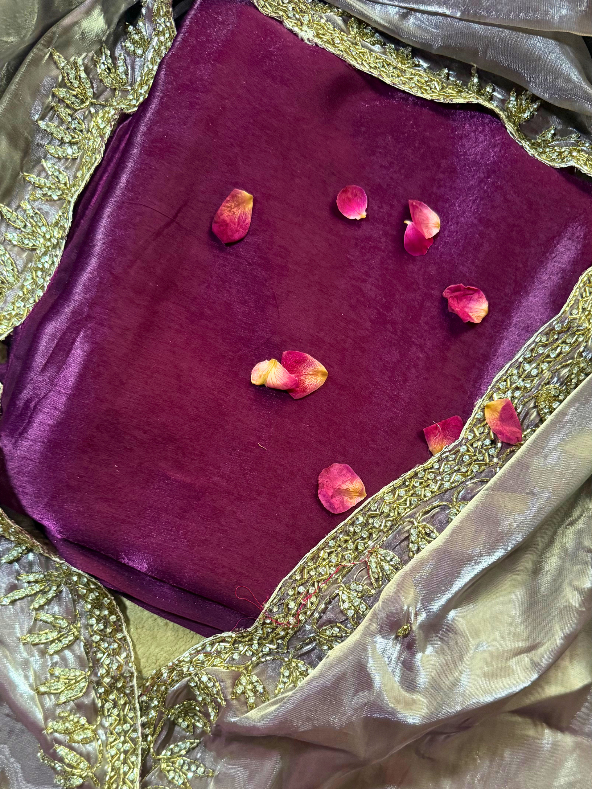 3 Pc Unstitched Suit - Wine Plush Fabric Kurta and Pant with Hand Beaded Scallop Dupatta