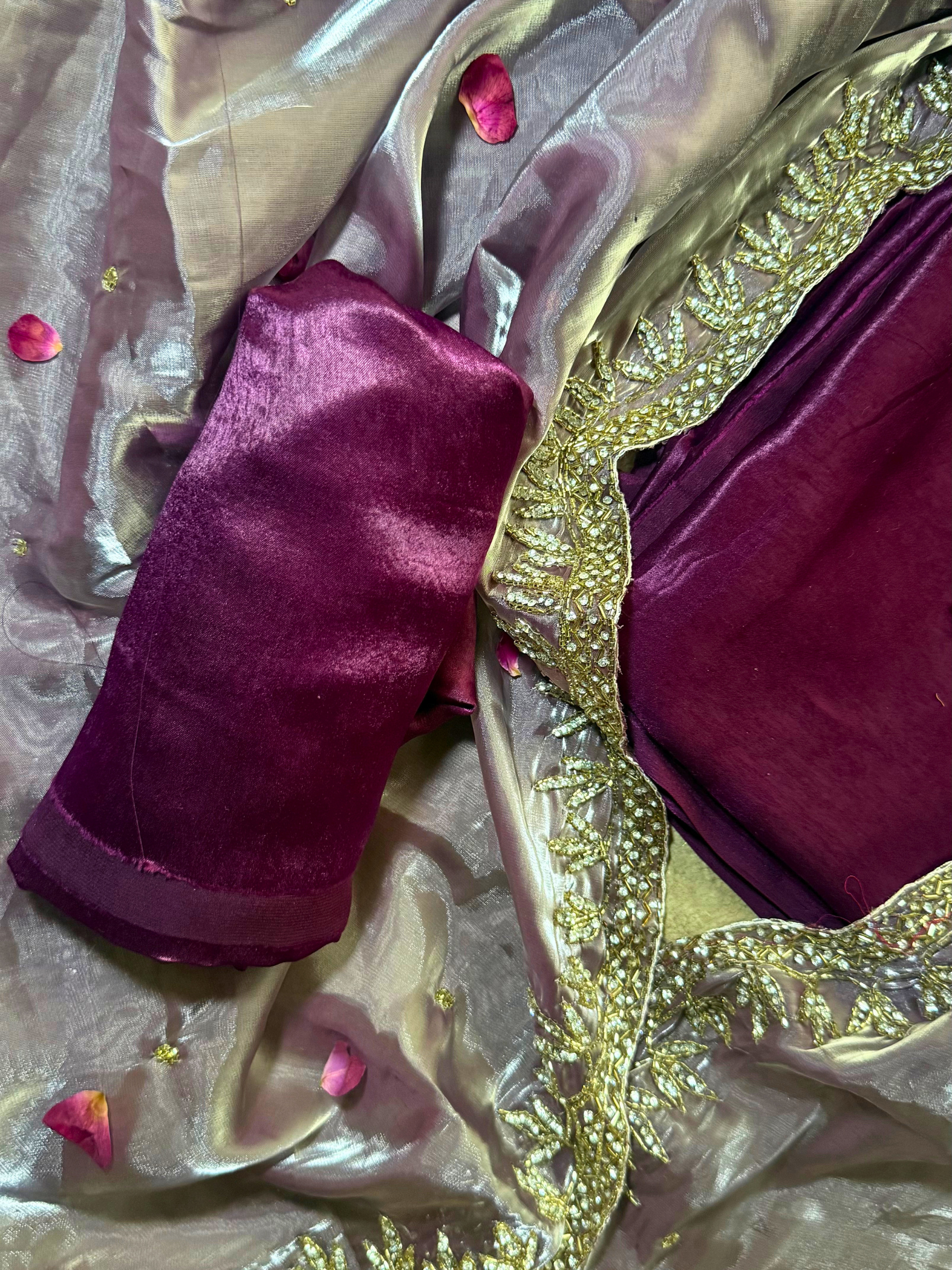 3 Pc Unstitched Suit - Wine Plush Fabric Kurta and Pant with Hand Beaded Scallop Dupatta