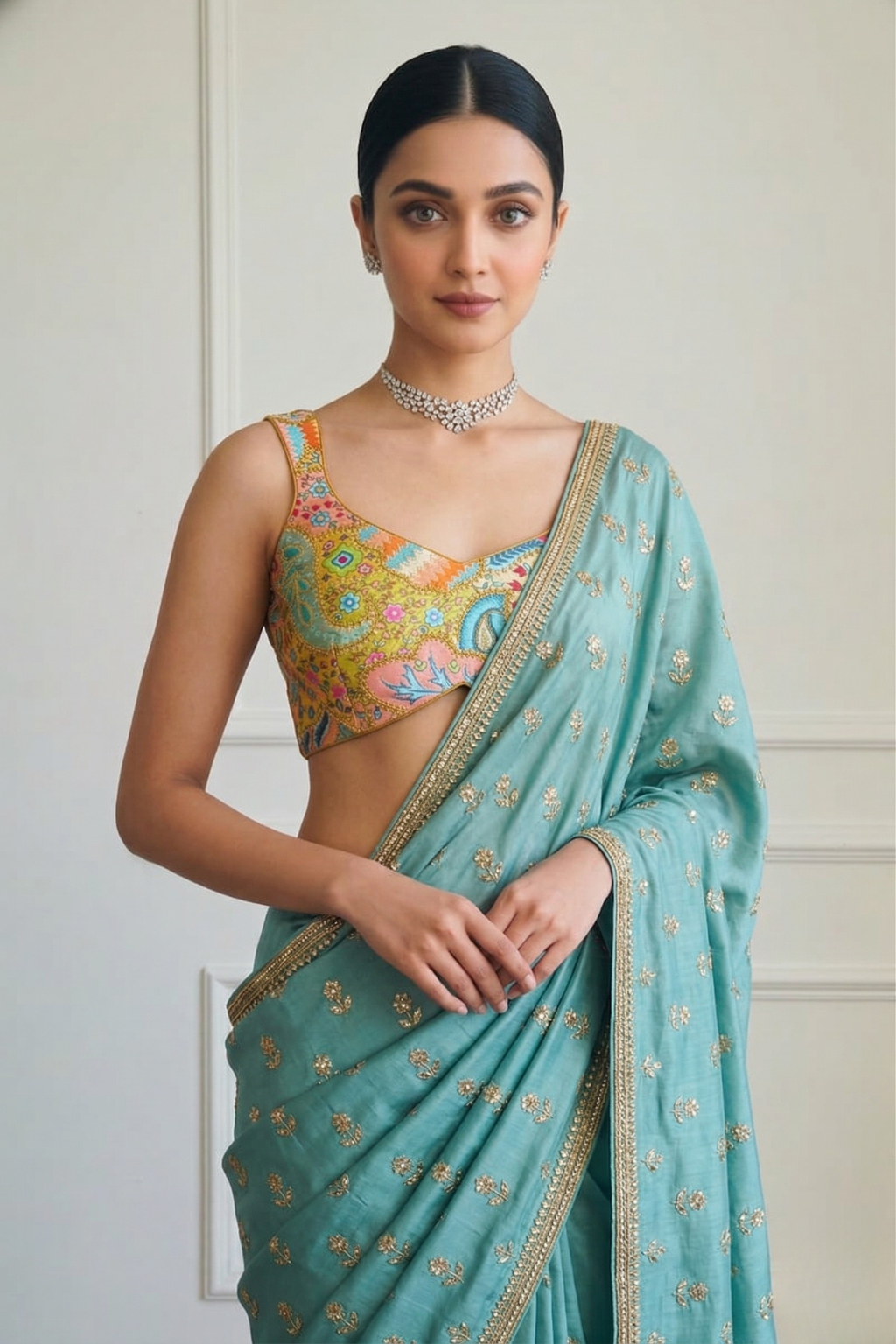 Embroidered Multicolor Blue and Peach Blouse
