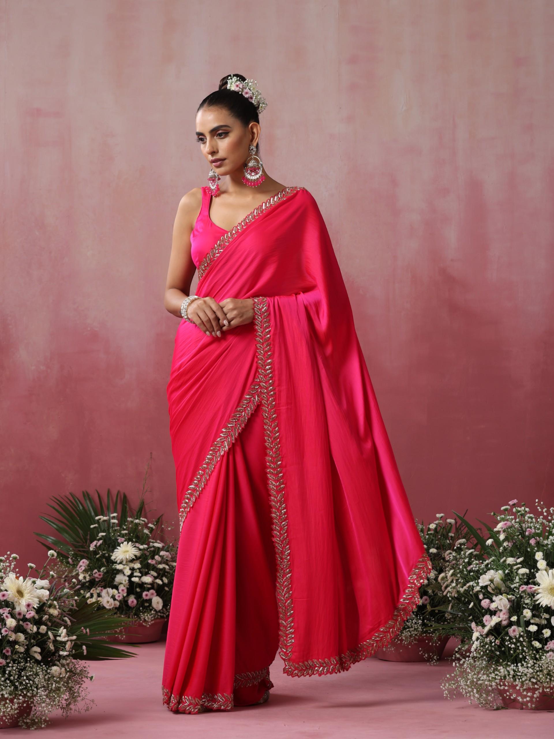 Fuchsia Leaf Hand Embroidery Cut Dana All over Embroidery Satin Saree with Plain Blouse Fabric