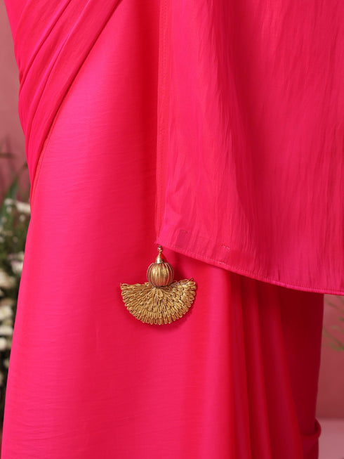 Fuchsia Satin Saree with Hand Embroidery Blouse Fabric