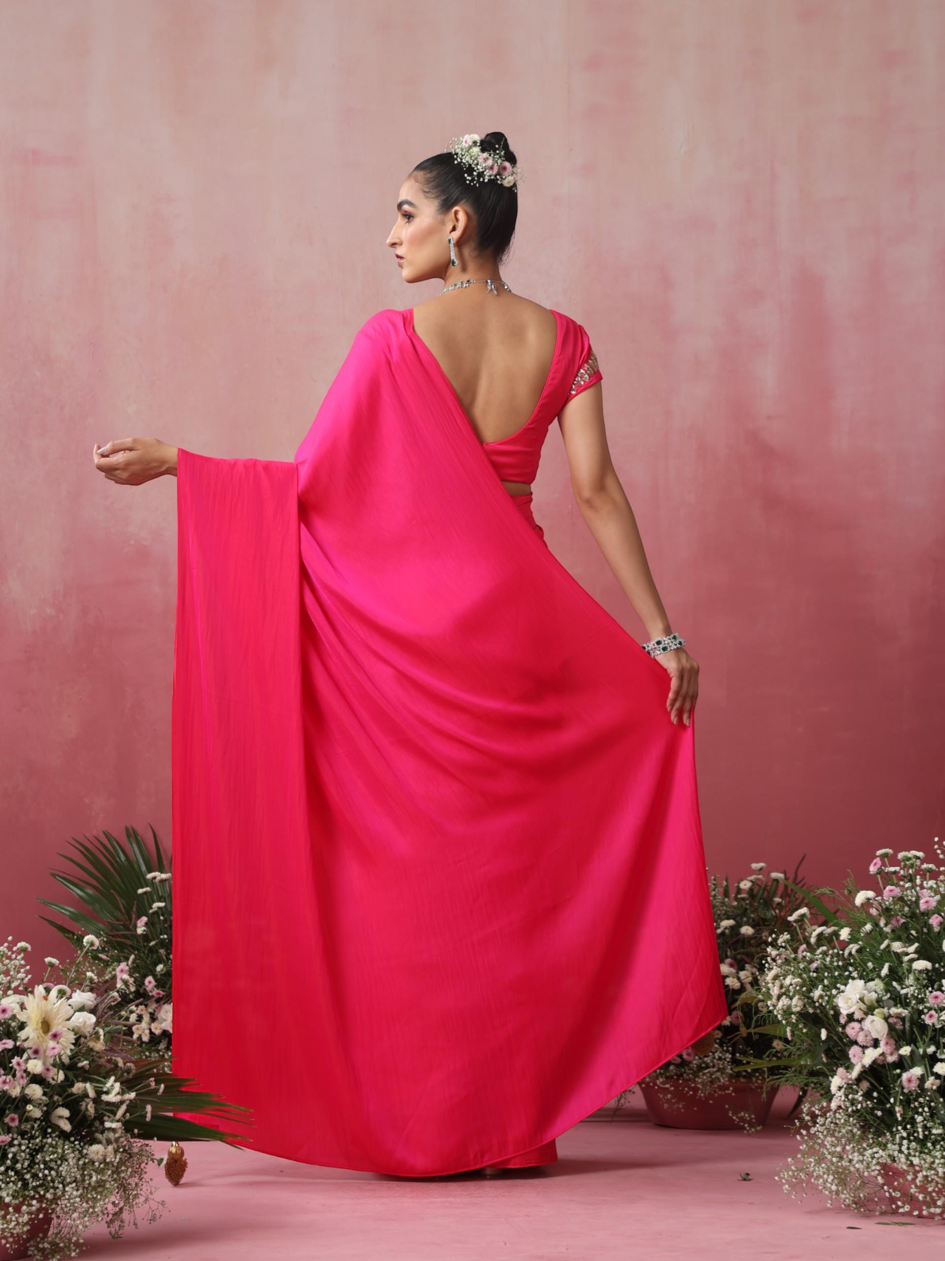 Fuchsia Satin Saree with Hand Embroidery Blouse Fabric