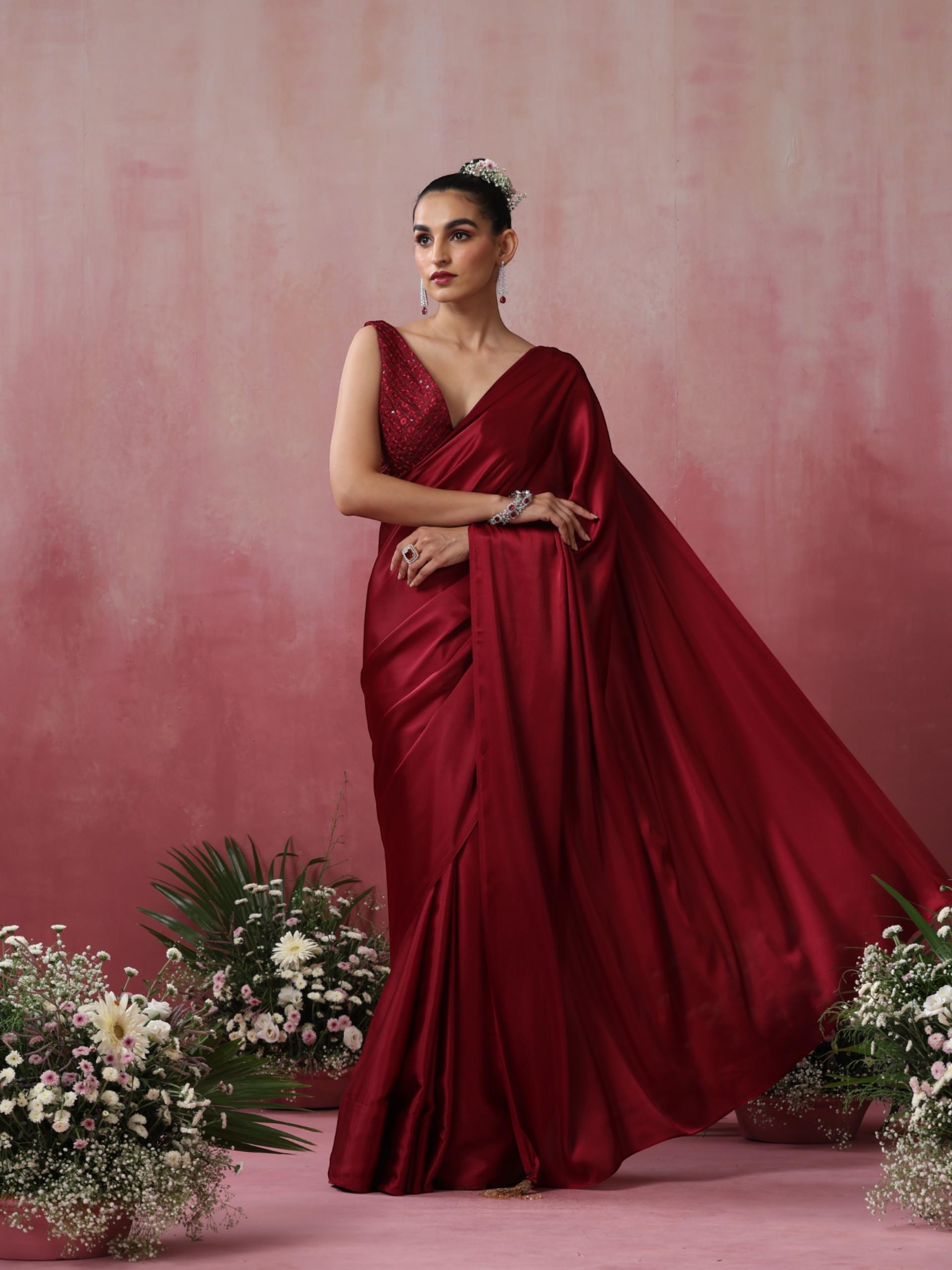 Cherry Red Satin Saree with Lace and Embroidered Blouse Fabric