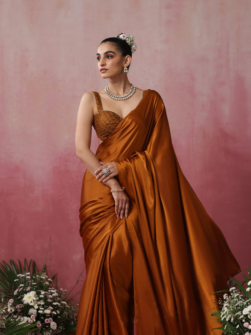 Mustard Magma Satin Saree with Lace and Embroidered Blouse Fabric