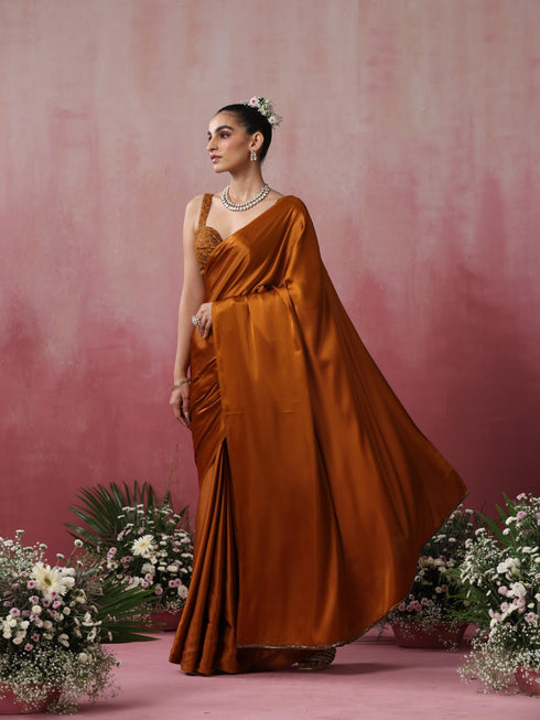 Mustard Magma Satin Saree with Lace and Embroidered Blouse Fabric