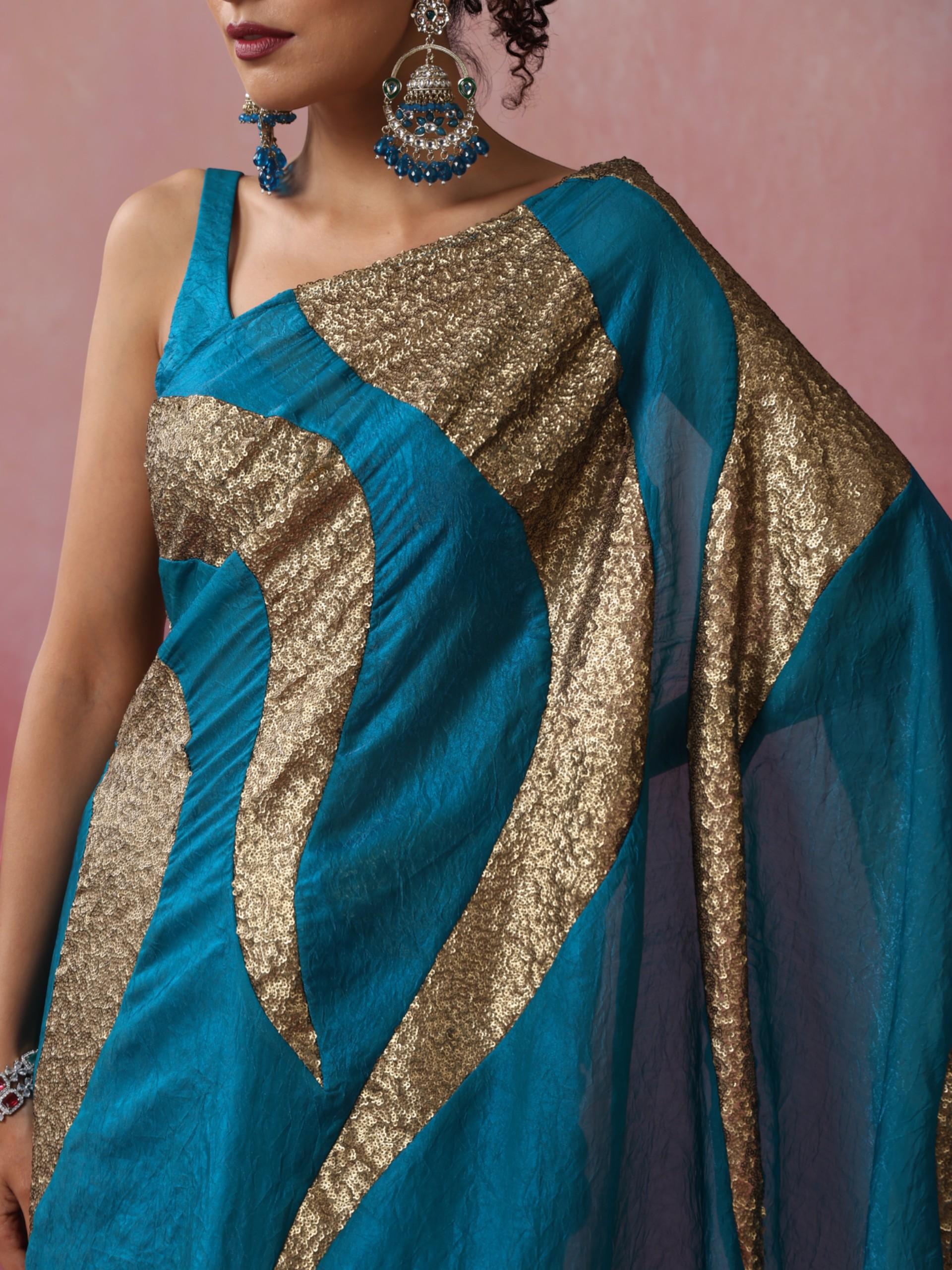 Peacock Crushed Metallic Saree with Golden Sequin Fire with Blouse Fabric