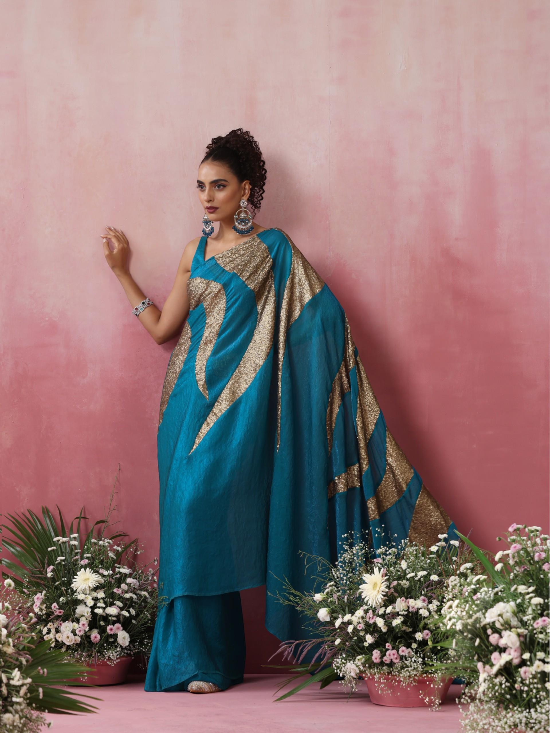 Peacock Crushed Metallic Saree with Golden Sequin Fire with Blouse Fabric