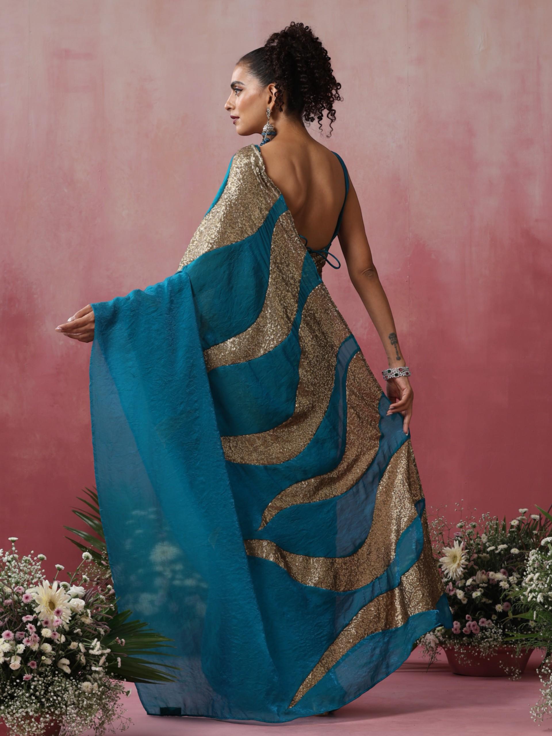 Peacock Crushed Metallic Saree with Golden Sequin Fire with Blouse Fabric