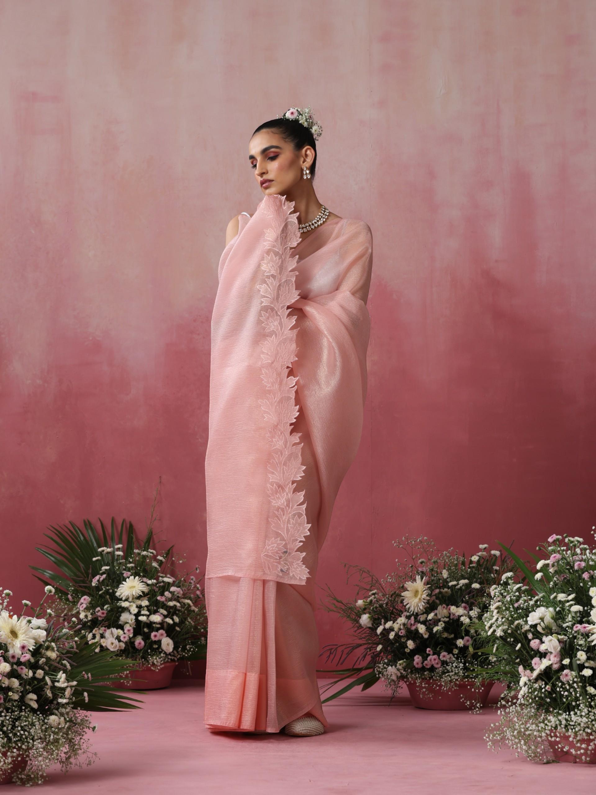 Petal Pink Gold Crushed Organza Saree with Cut Work Pallu Embroidery