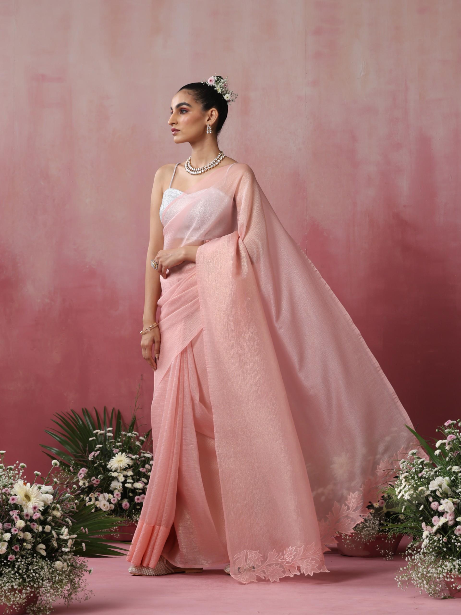 Petal Pink Gold Crushed Organza Saree with Cut Work Pallu Embroidery