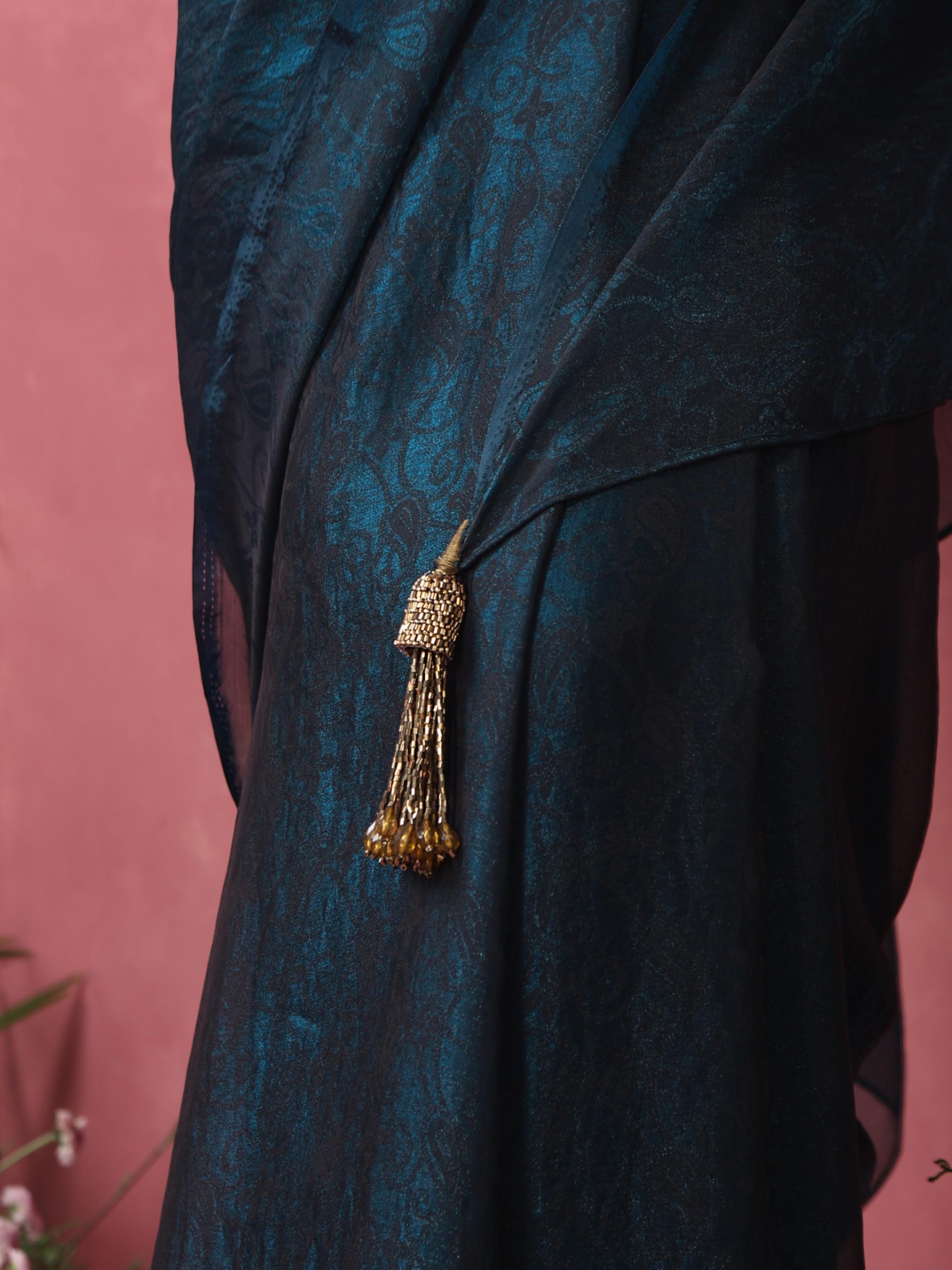 Blazing Blue Paisley Chiffon Saree with Long Pendants
