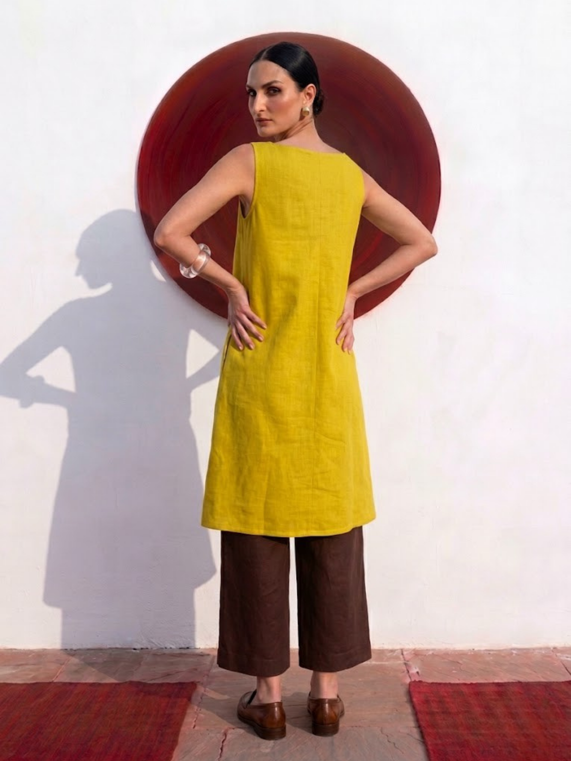2 pc SET - High Slit Linen Lime Kurta with Brown Pants