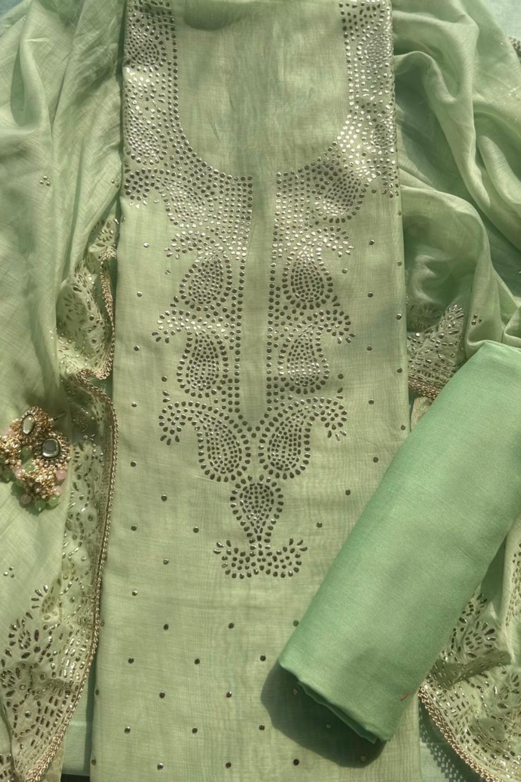 3 Pc Unstitched Suit - Chanderi Pistachio Mukiesh Kurta with Lining ,Dupatta and Bottom