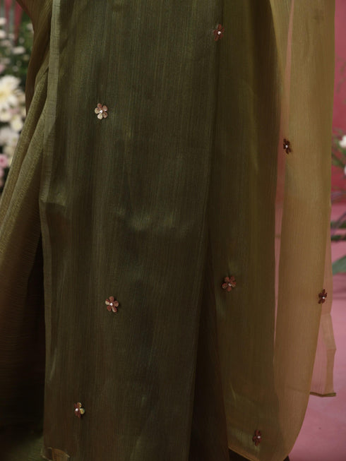 Olive Boost Ombre Organza Saree with Golden Flowers and Blouse Fabric