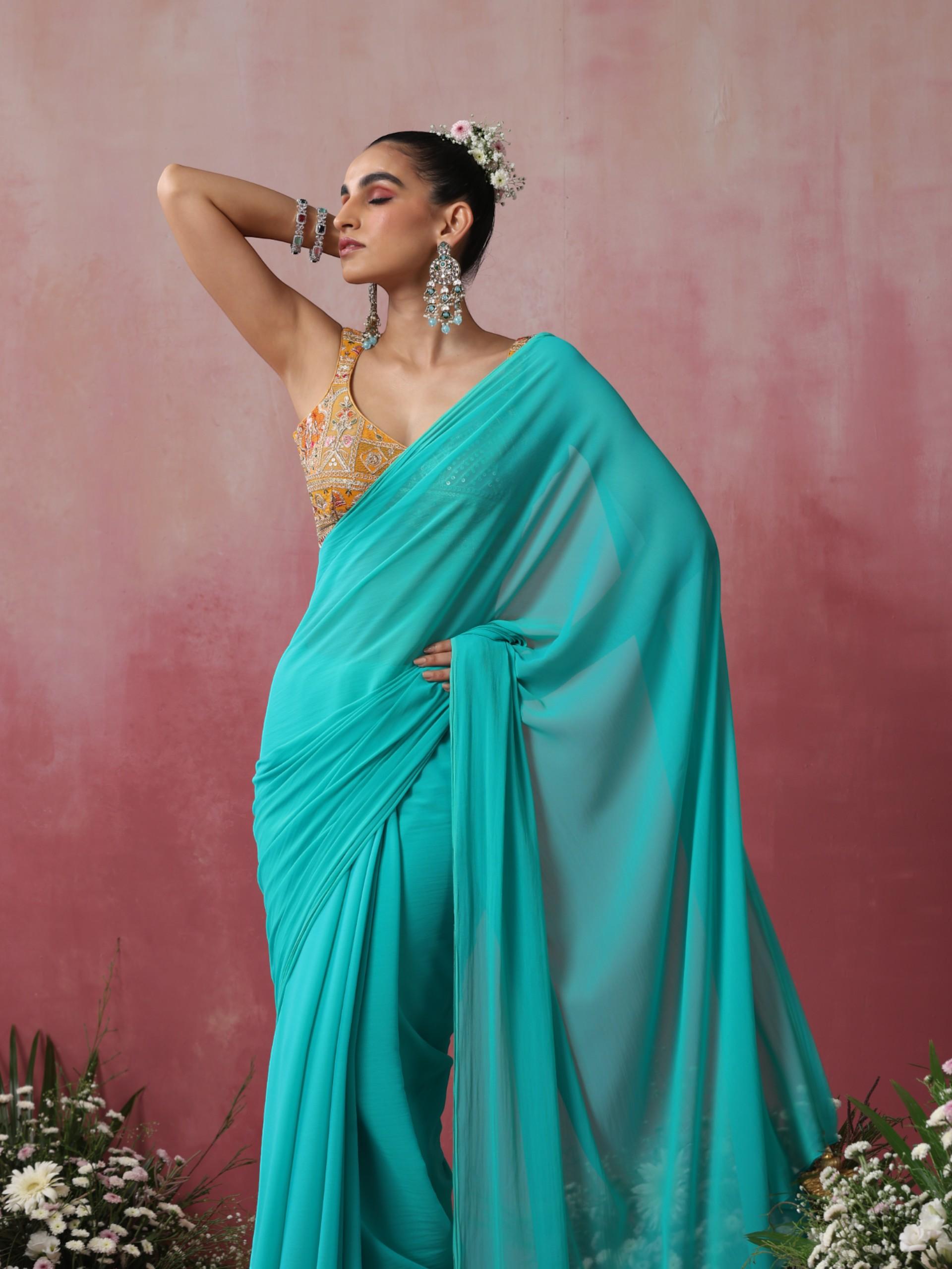 Hunny Bunny Blue and Green Chiffon Saree