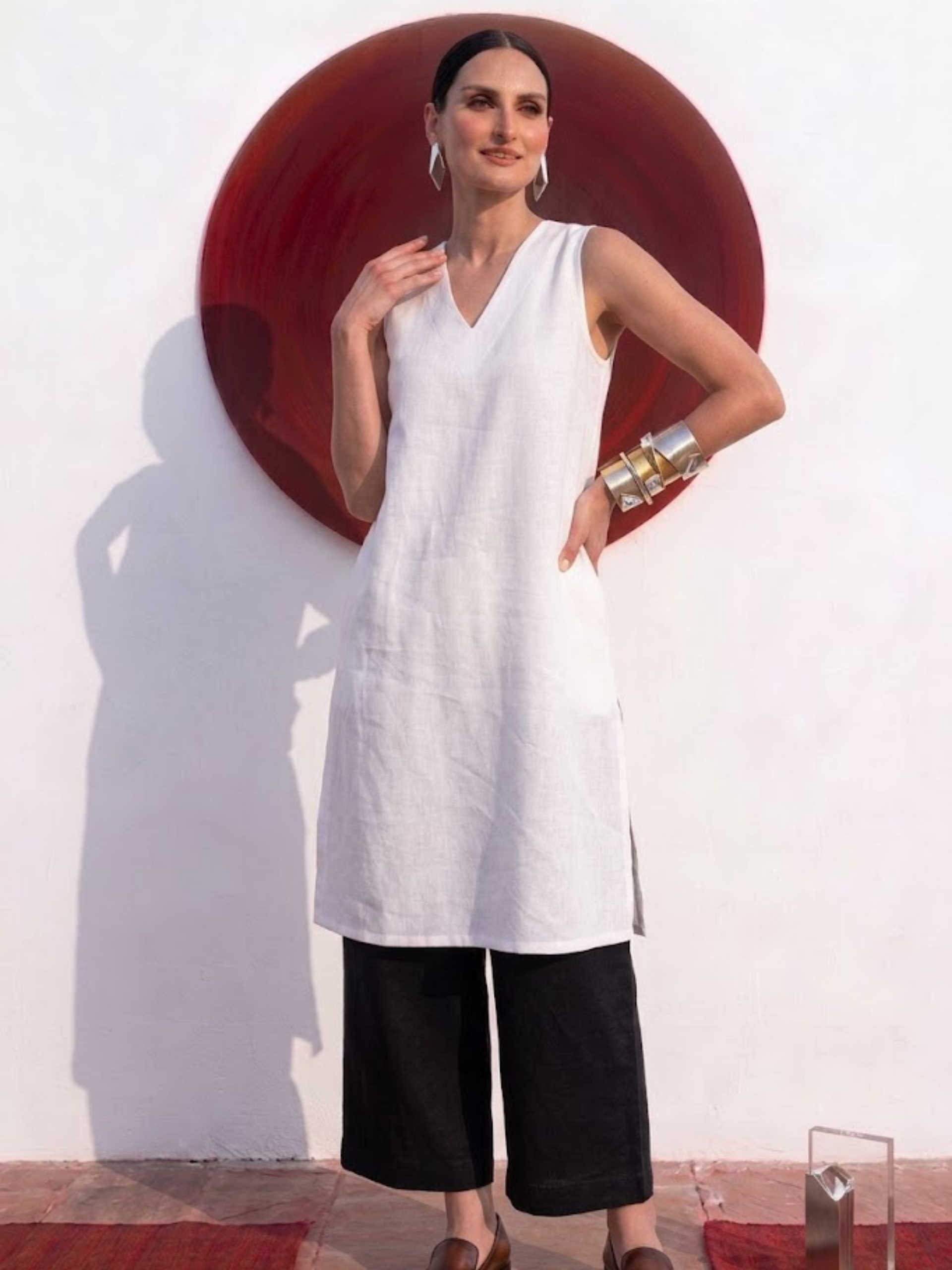 2 pc SET - High Slit Linen White Kurta with Black Pants