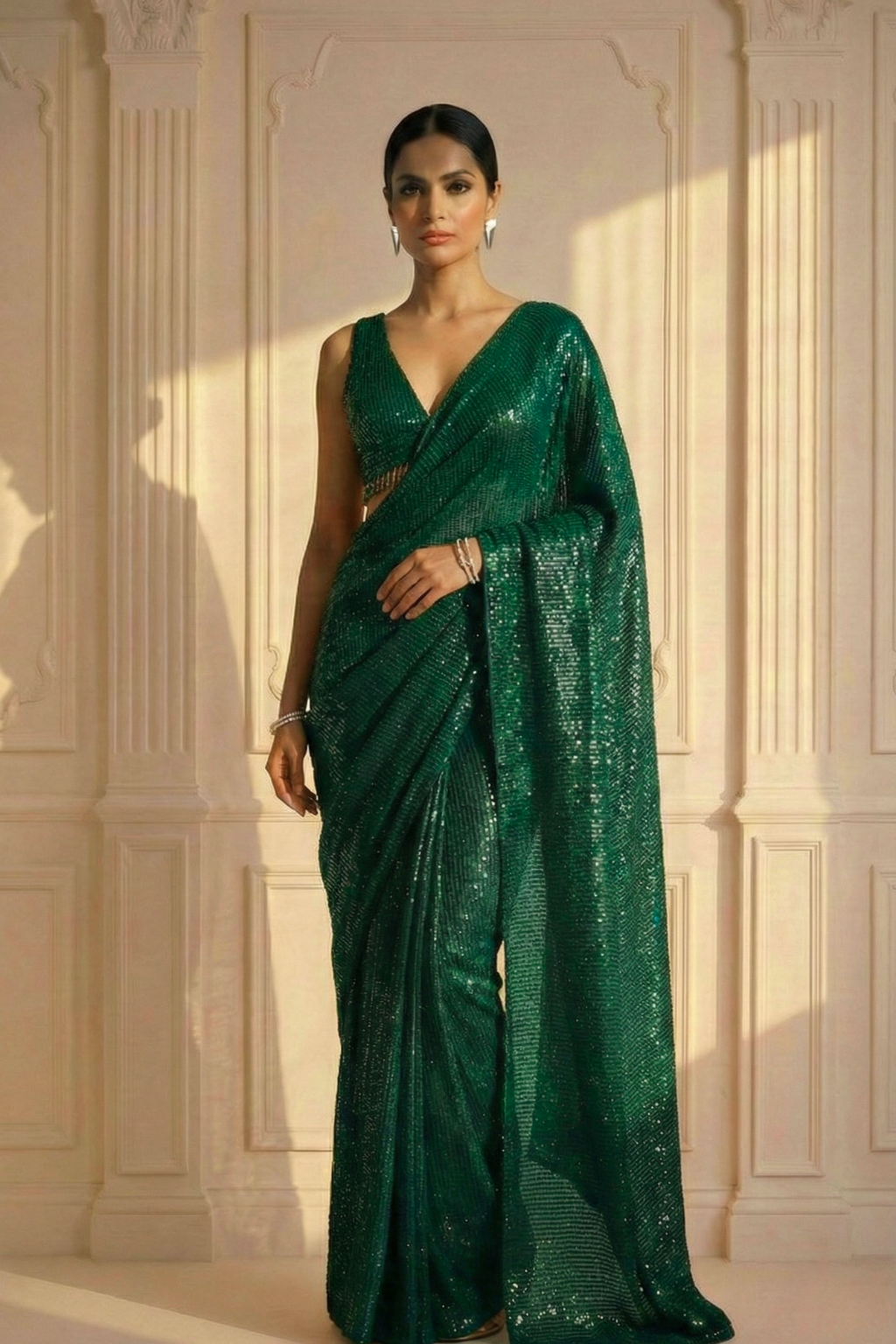 Emerald Green Knitted Sequin Saree with Blouse Fabric
