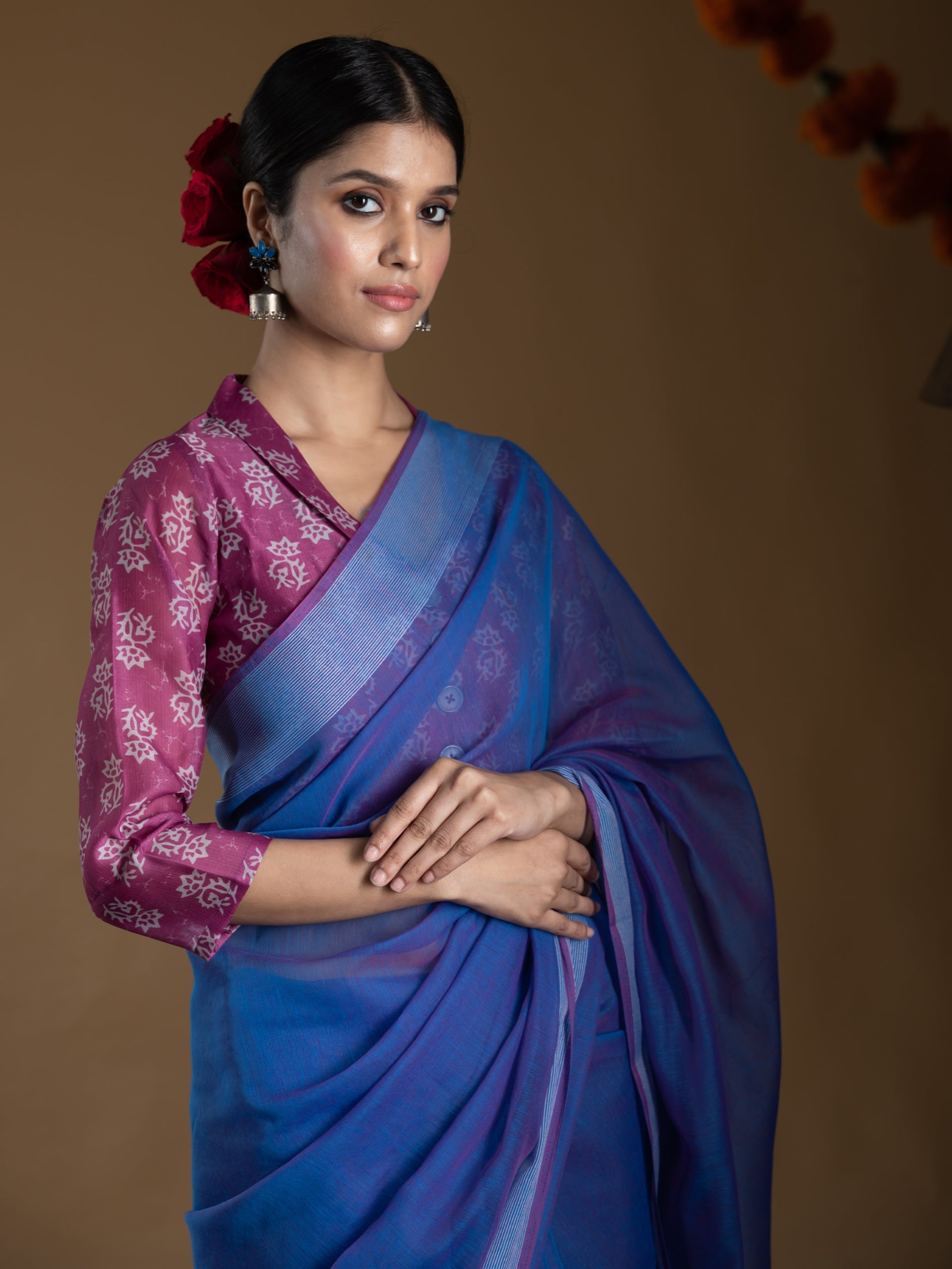 Purple Cotton Blend Saree with White Stripe Border