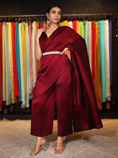 3 pc SET -Maroon Pant Saree Pleated with Leaf Halter blouse and Dazzling Belt