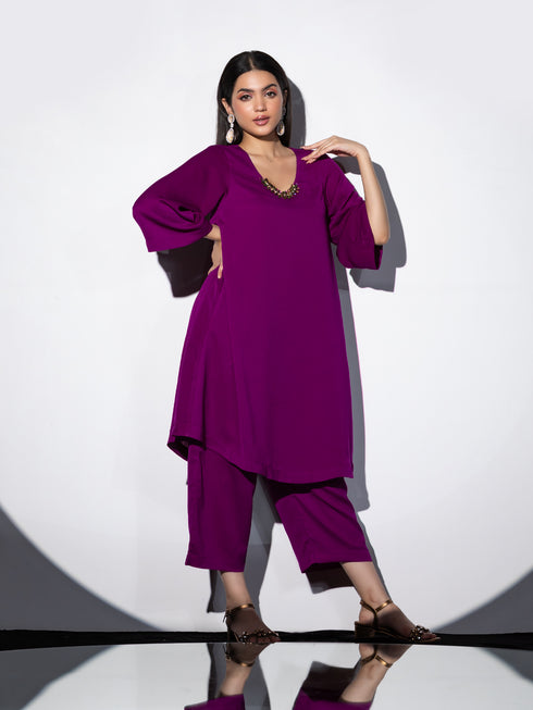 Women's Rule Breaker Korean Fabric Kurta Set with Glass Beads and Pants 2 Piece Set | Straight Fit, Round Neck, 3/4 Sleeves, Pants, Festive Wear, (Korean Fabric)