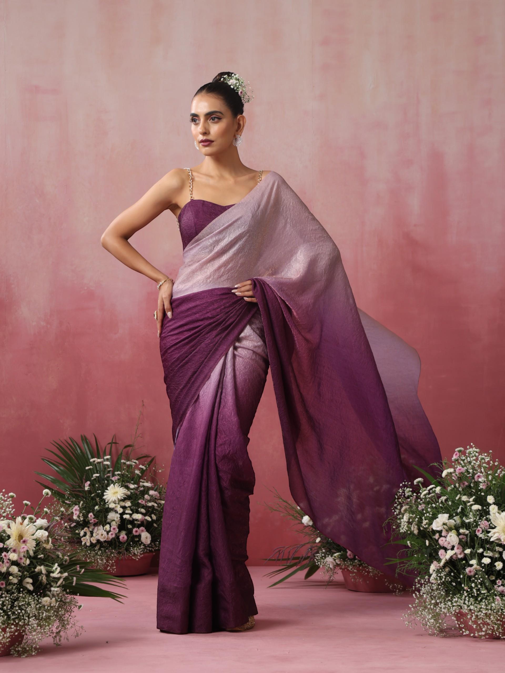 Mauve Twist Ombre Crushed Metallic Satin Saree with Blouse Fabric