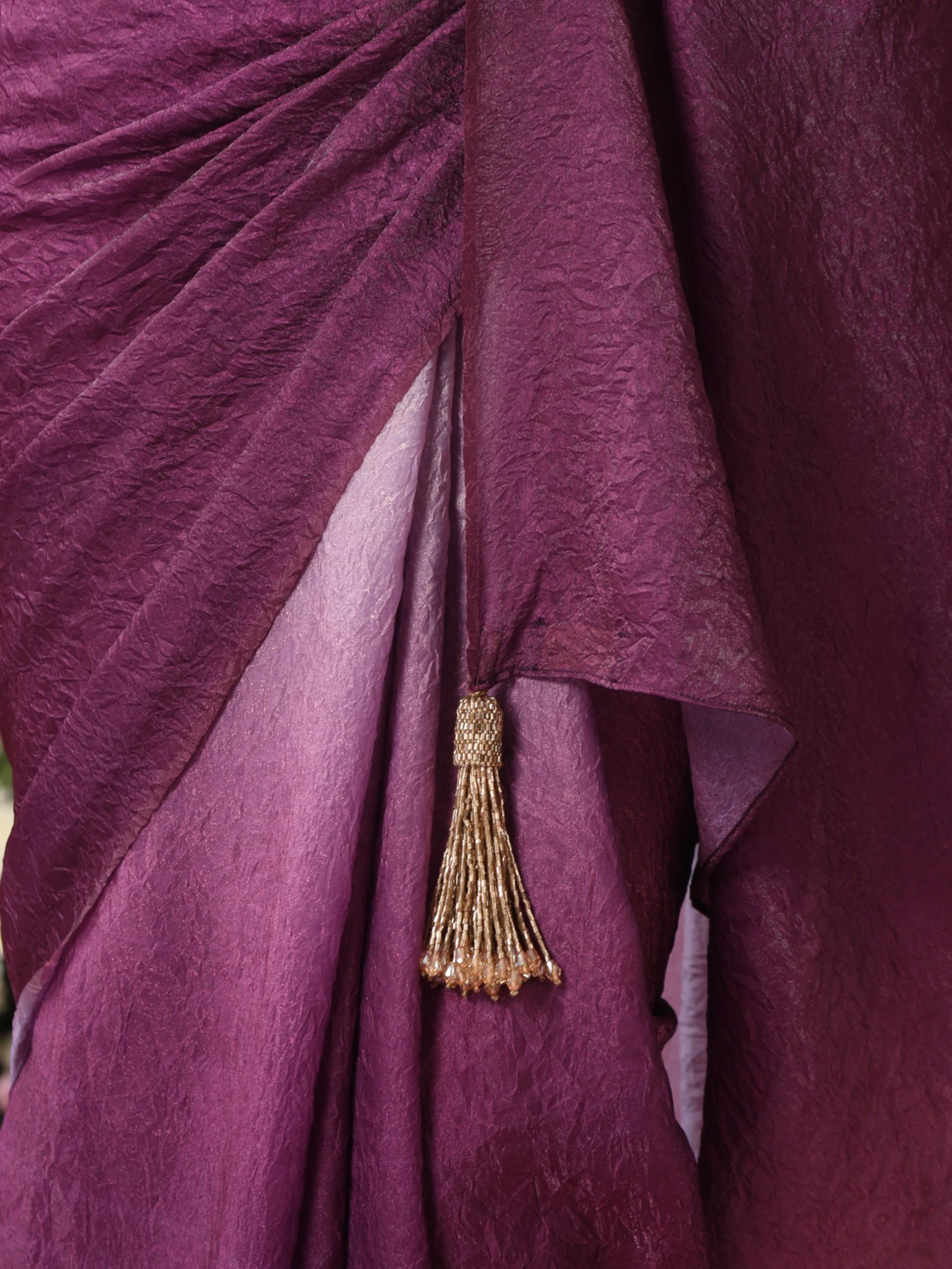 Mauve Twist Ombre Crushed Metallic Satin Saree with Blouse Fabric