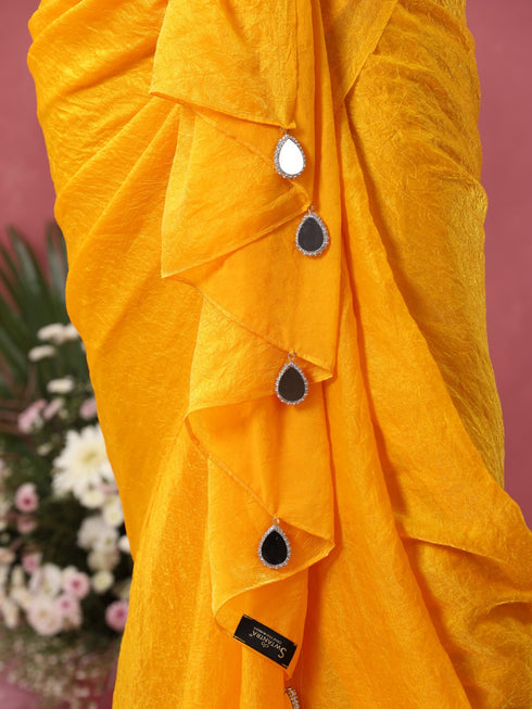 Bee Yellow Metallic Crushed Satin Saree with Hand Beaded Blouse Fabric