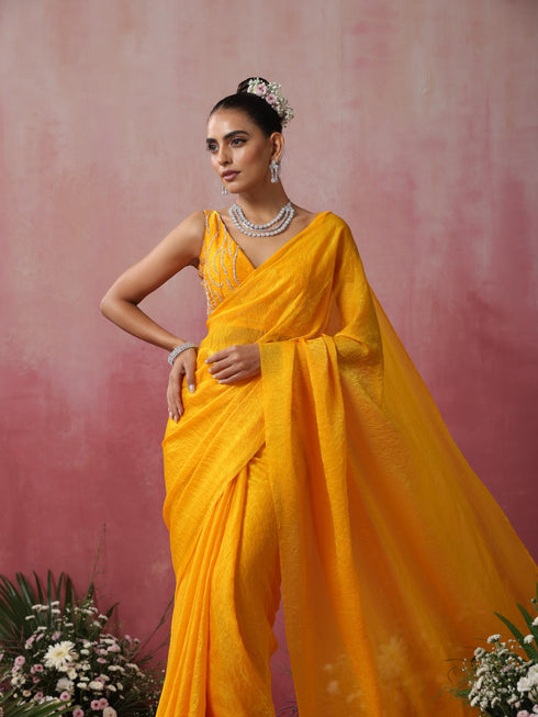 Bee Yellow Metallic Crushed Satin Saree with Hand Beaded Blouse Fabric
