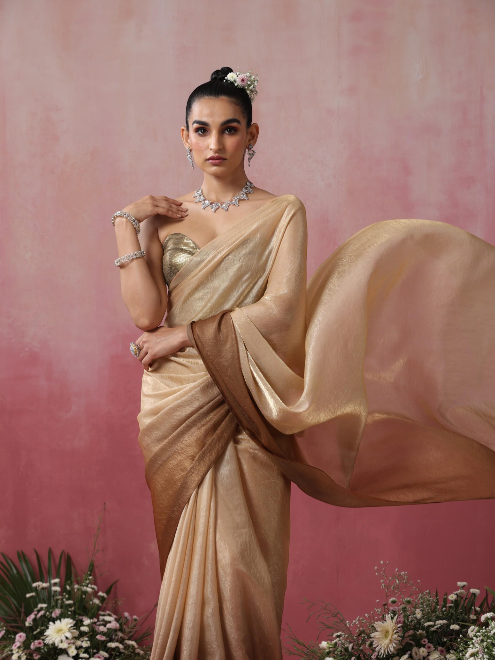 Glazed Ombre Crushed Metallic Satin Saree with Blouse Fabric
