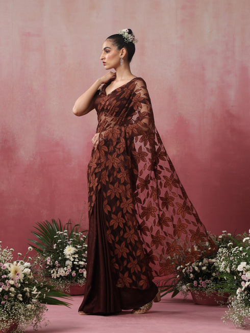 Chocolate Saree with Net Flowers and Blouse Fabric