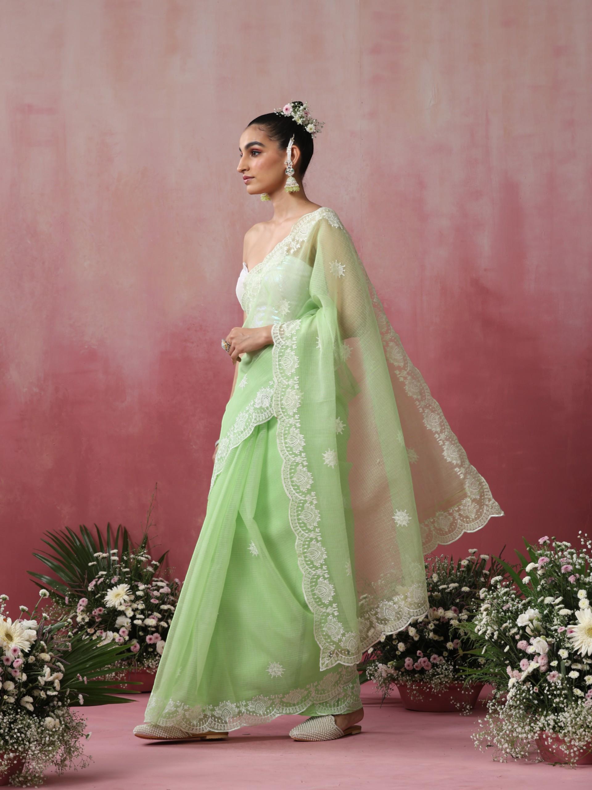 Green Cotton Kota Saree with Scallop Embroidery