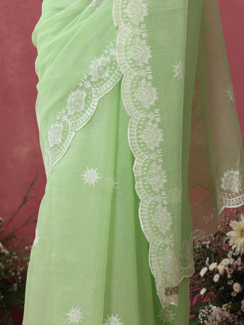 Green Cotton Kota Saree with Scallop Embroidery