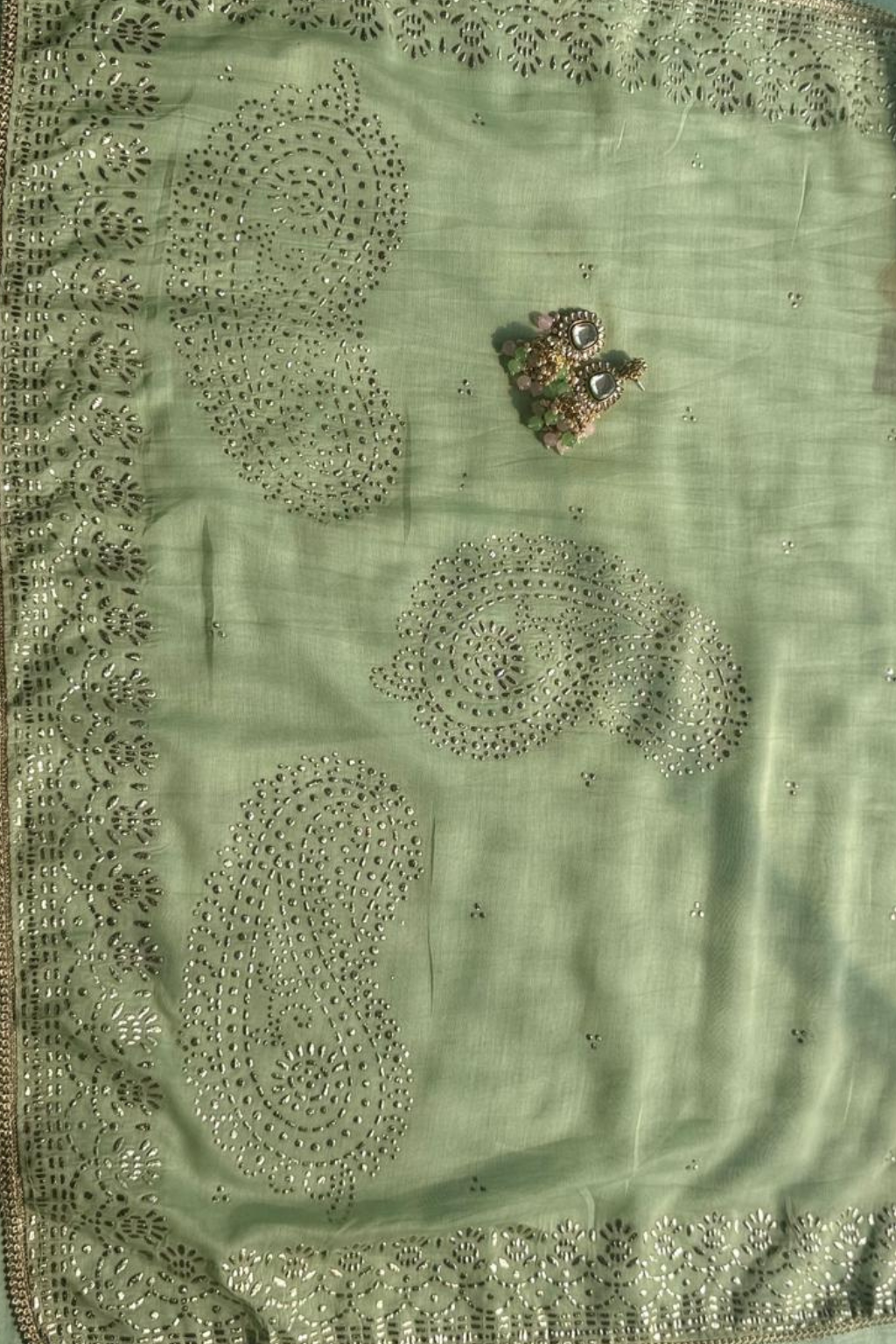 3 Pc Unstitched Suit - Chanderi Pistachio Mukiesh Kurta with Lining ,Dupatta and Bottom