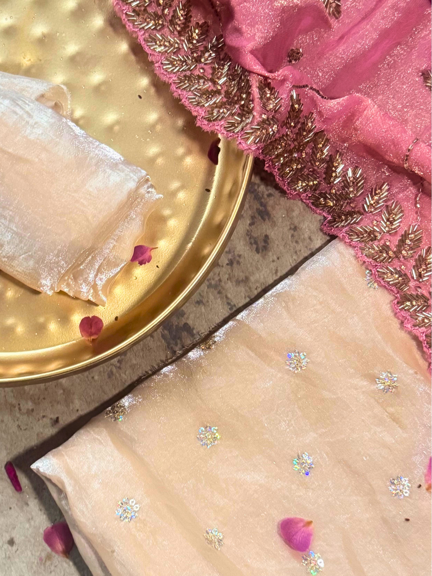 3 Pc Unstitched Suit - Pink Satin Embroidered Kurta with Plain Pant and Hand Beaded Scallop Paisley Dupatta