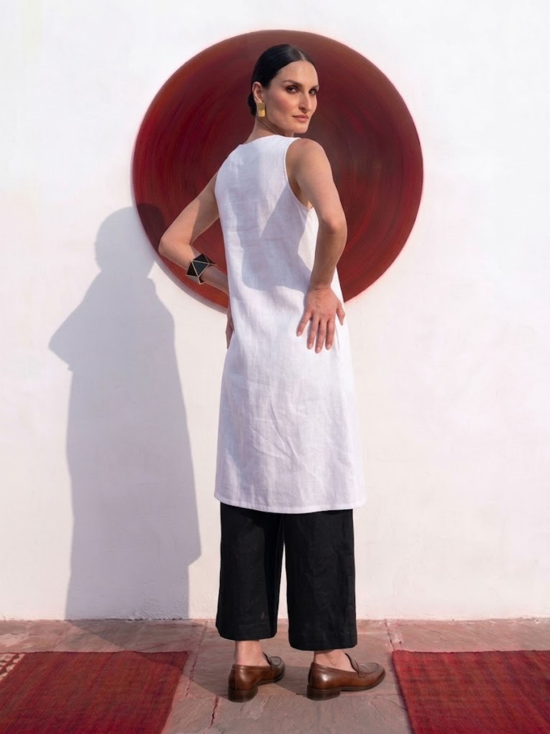 2 pc SET - High Slit Linen White Kurta with Black Pants