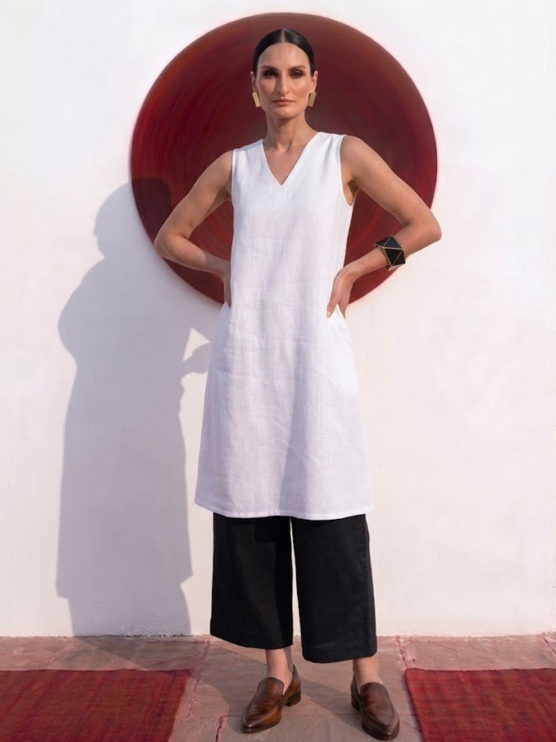 2 pc SET - High Slit Linen White Kurta with Black Pants
