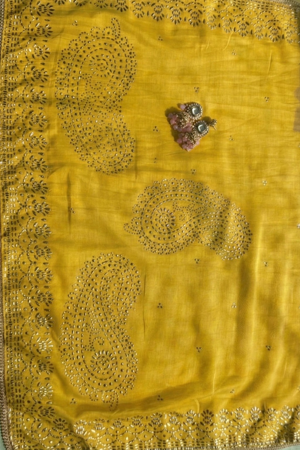 3 Pc Unstitched Suit - Chanderi Yellow Mukiesh Kurta with Lining ,Dupatta and Bottom