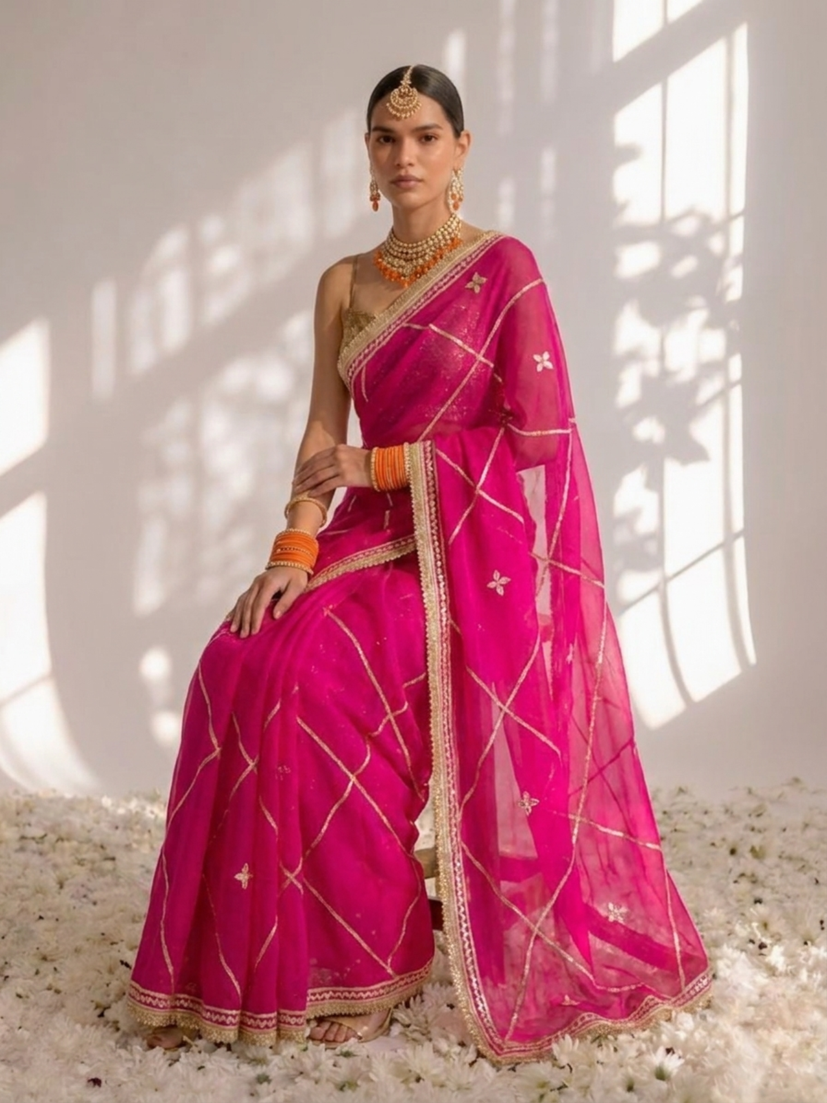 Blue-Gold Skirt Style Pre-Draped Saree w
