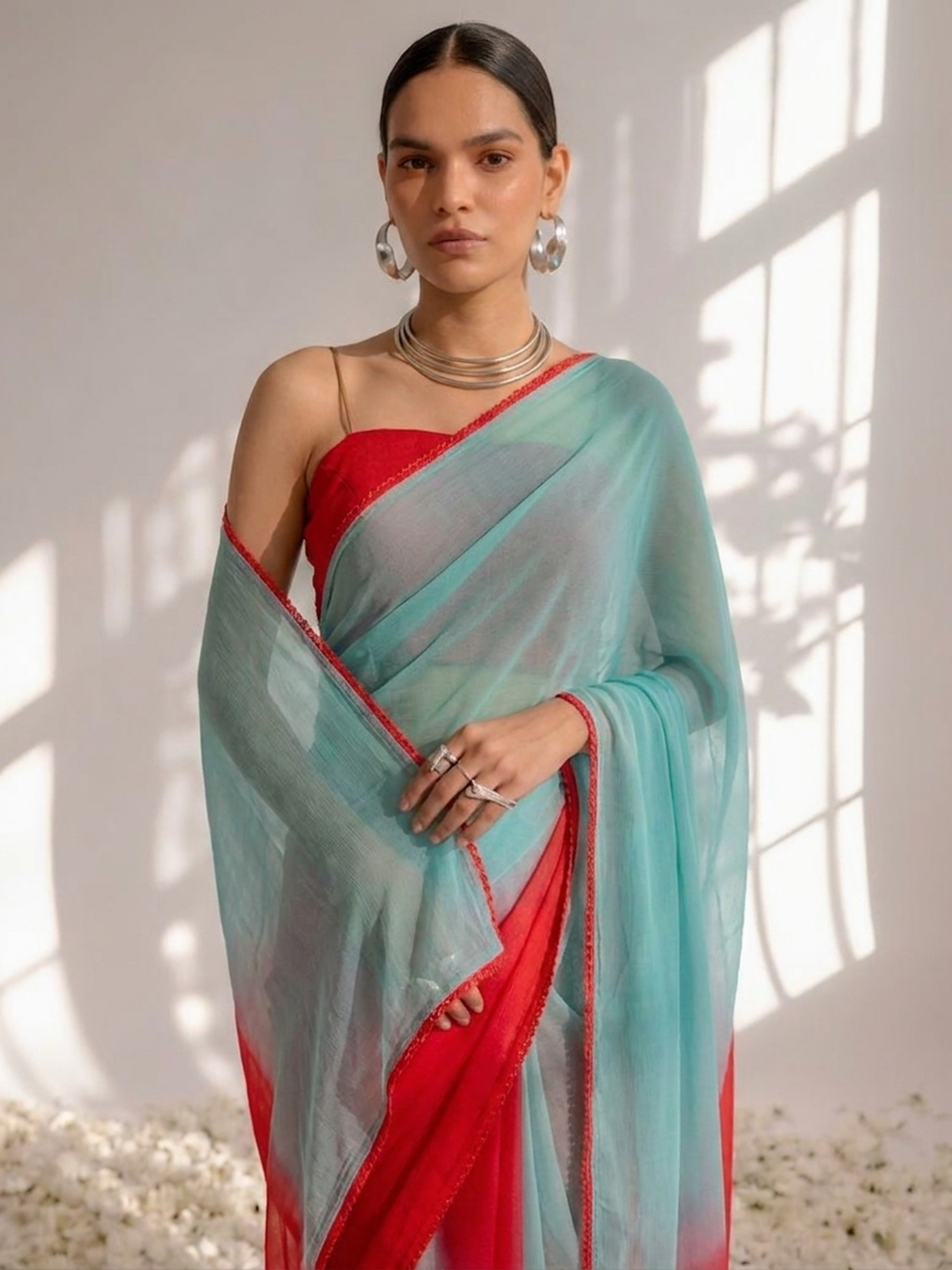 Blue and Red Chiffon Ombre Saree with Edge Lace and Blouse Fabric