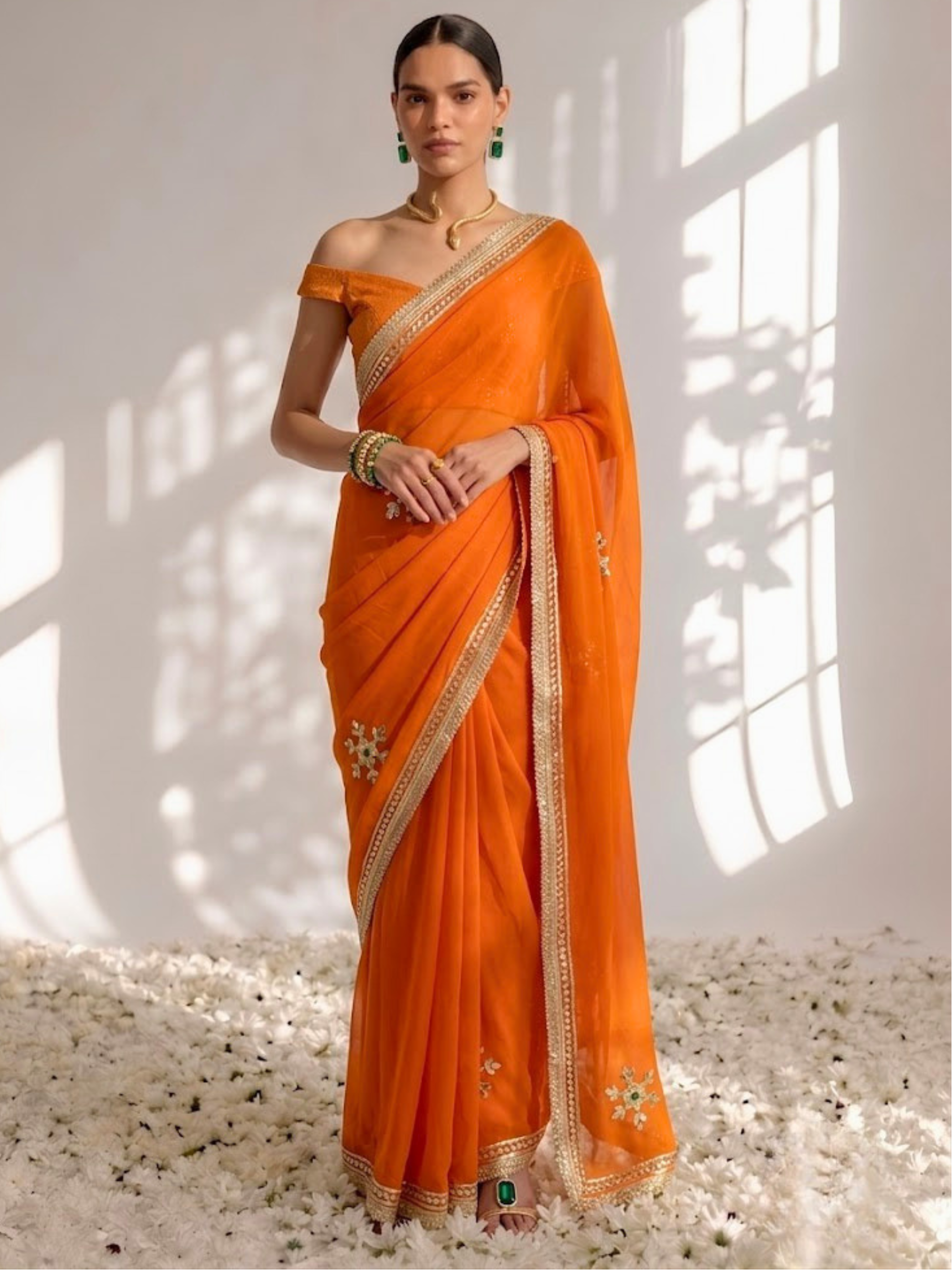 Rust Chiffon Gota Patti Saree with Blouse Fabric