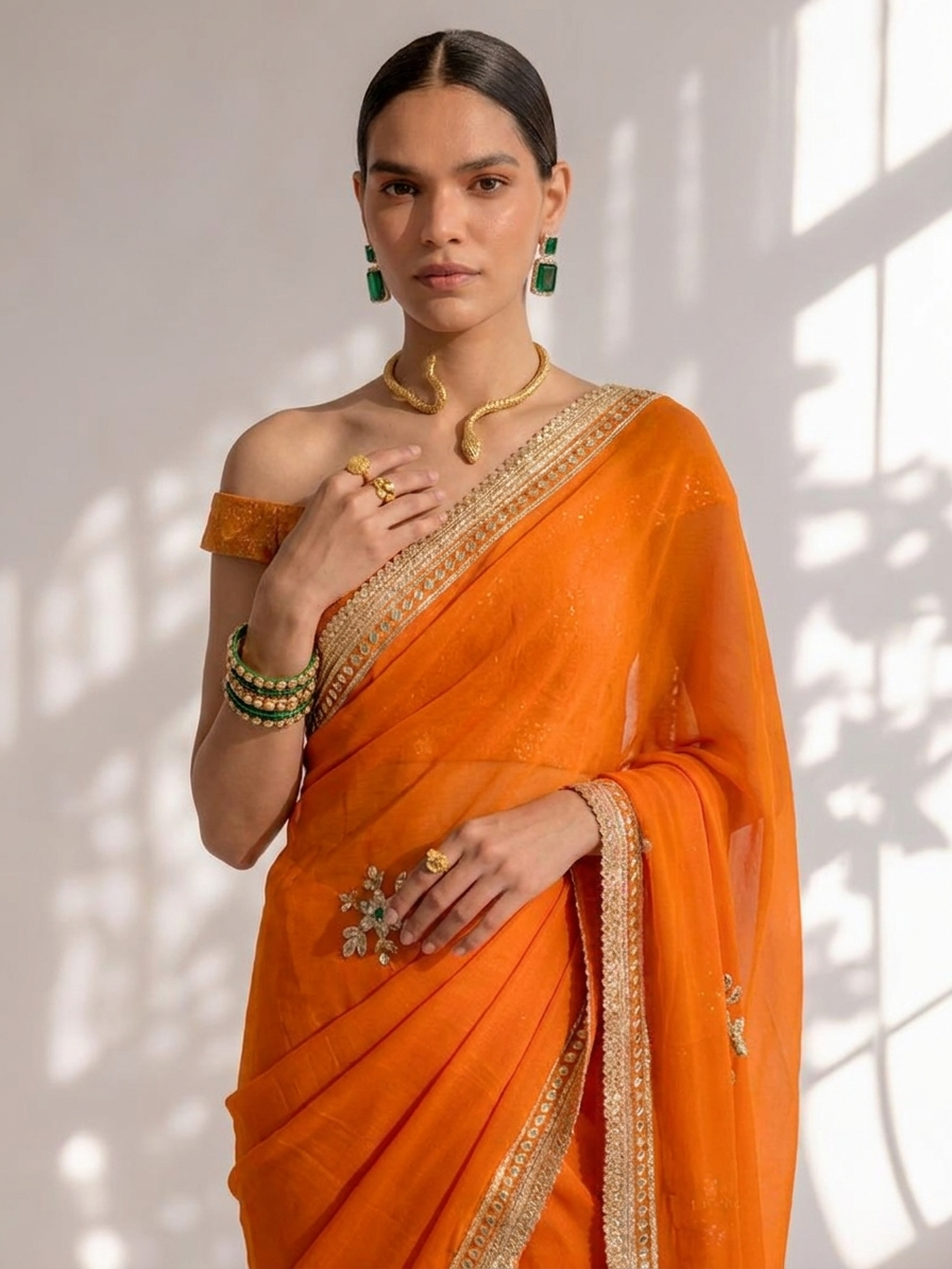 Rust Chiffon Gota Patti Saree with Blouse Fabric