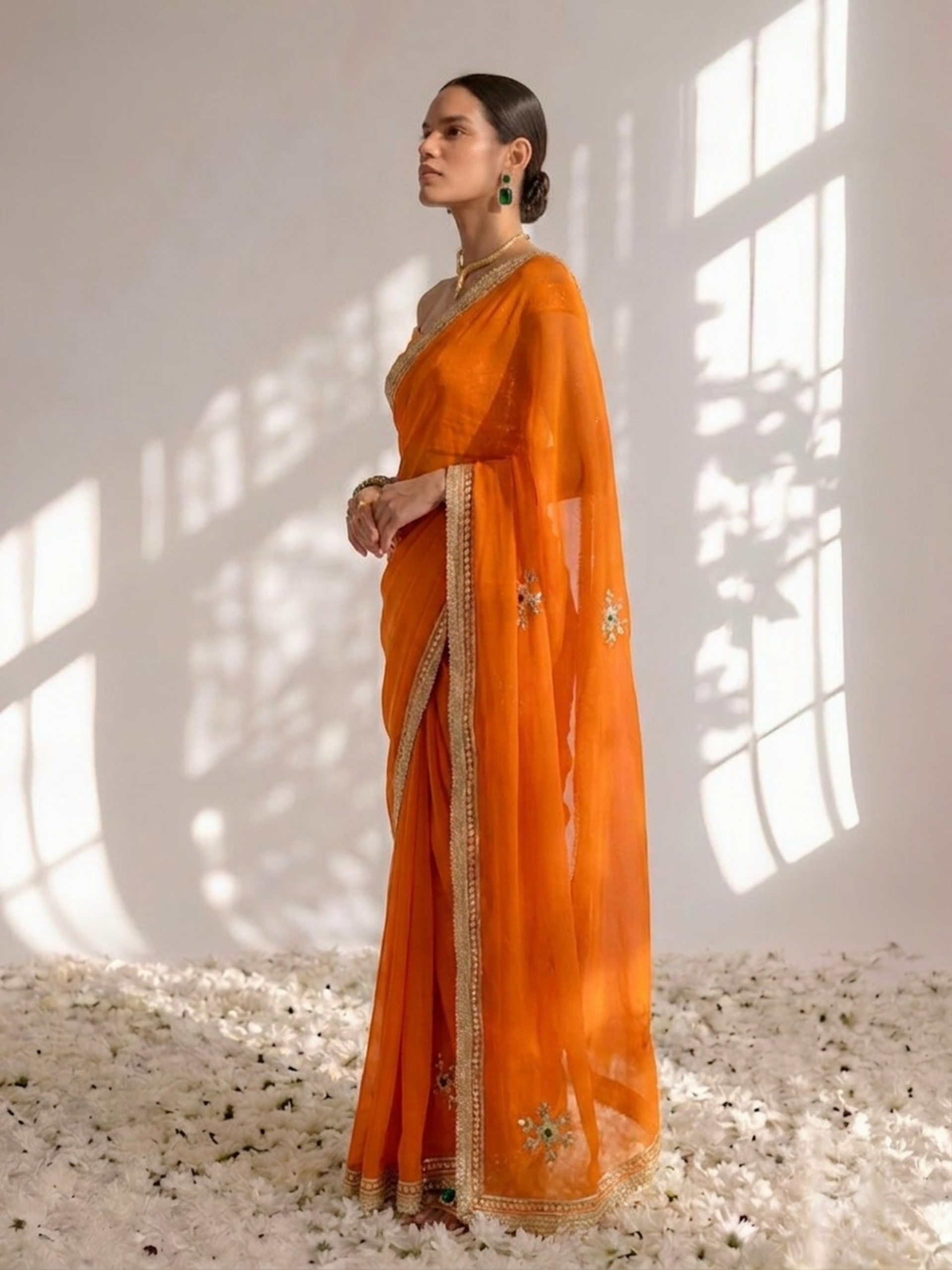 Rust Chiffon Gota Patti Saree with Blouse Fabric